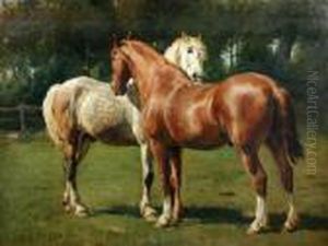 A Grey And A Chestnut Hunter Grooming In High Summer by Otto Bache
