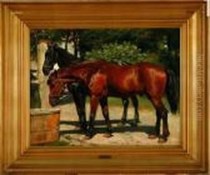 Two Horses Are Drinking Water By A Pump by Otto Bache