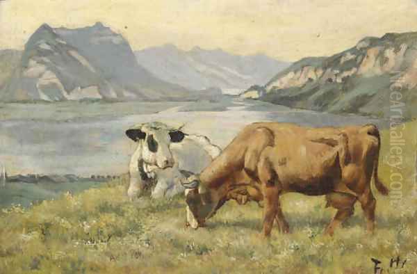 Zwei Kuthe vor Thunerseelandschaft, um 1888 - view 1