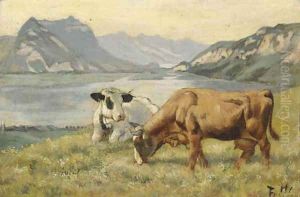 Zwei Kuthe vor Thunerseelandschaft, um 1888 by Ferdinand Hodler