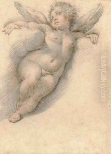 A putto leaning on clouds, after Raphael