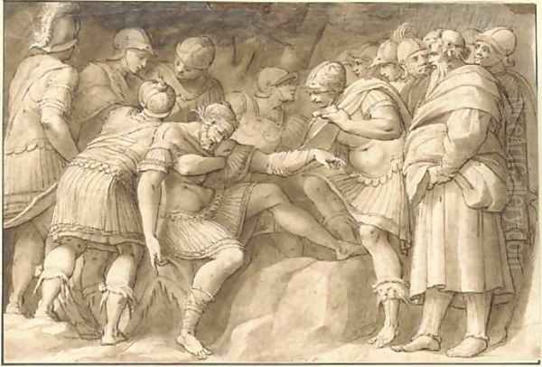 The wounded Scipio the Elder carried by his soldiers, after Polidoro da Caravaggio - view 1
