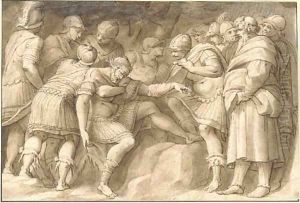 The wounded Scipio the Elder carried by his soldiers, after Polidoro da Caravaggio by Joseph The Elder Heintz