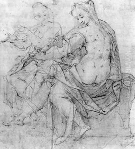 Two partly draped female Nudes playing the Flute by Joseph The Elder Heintz