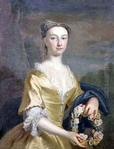 Portrait of a Lady holding a Floral Wreath - view 1