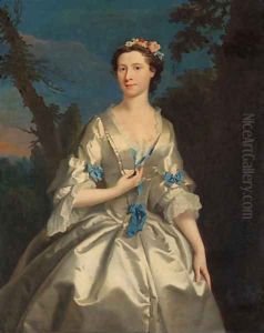 Portrait of the Duchess of Argyll, three-quarter-length, in an oyster satin dress trimmed with blue ribbons, in a wooded landscape
