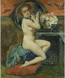 Frauenakt Beim Anlegen Einer Blauen Perlenkette by Emile Baes