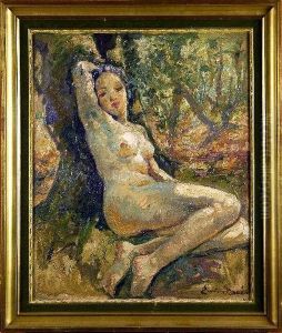 [dans Les Bois.] Huile Sur Panneau Signee En Bas A Droite.titre Au Dos