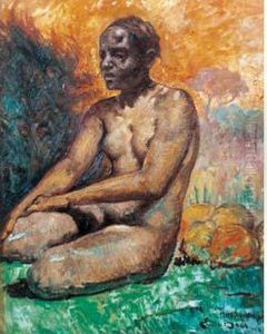 " Jeune Africaine Assise, Paysage Du Congo Au Soleil Couchant ".