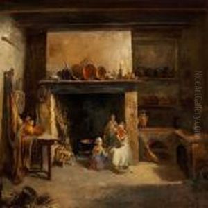 Kitchen Interior With Two Women And A Girl At The Fireplace
