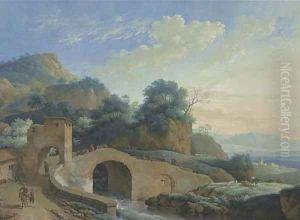 A mountain landscape with a bridge over a river in the foreground by Jacob Philipp Hackert
