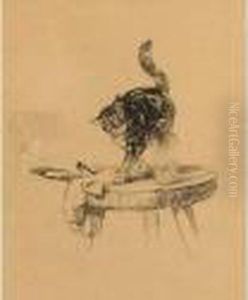 Bail Joseph (1862-1921). Chat Sur Un Tabouret. Dessin A L Encre.18cm X 15cm Au Dos by Joseph Bail
