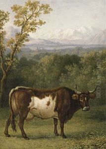 A cow out to pasture, an Alpine landscape beyond by Jacob Philipp Hackert