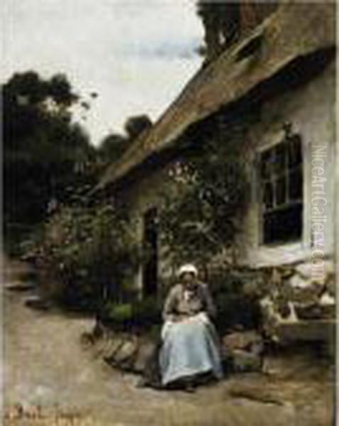 Woman Sewing In Front Of Her Cottage - view 1