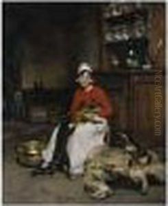 The Kitchen Maid With Three Puppies by Joseph Bail