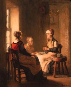 A Interior With Marken Girls Knitting by Joseph Bail