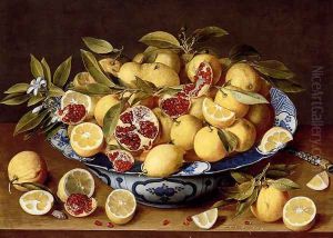 A Still Life Of A Wanli Kraak Porcelain Bowl Of Citrus Fruit And Pomegranates On A Wooden Table