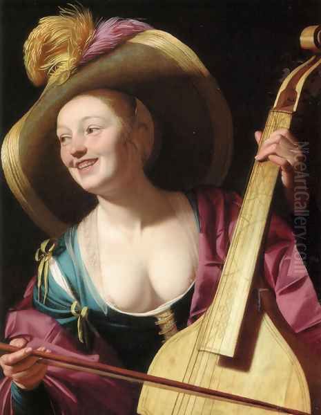 A young woman playing a viola da gamba - view 1