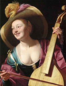 A young woman playing a viola da gamba by Gerrit Van Honthorst
