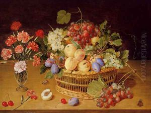 A Still Life Of A Vase Of Carnations To The Left Of A Basket Of Fruit by Gerrit Van Honthorst