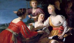 Diana Resting After The Hunt, With Shepherdesses And Two Greyhounds, A Landscape Beyond by Gerrit Van Honthorst