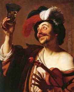 The Happy Violinist with a Glass of Wine by Gerrit Van Honthorst