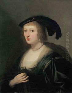 Portrait of Ursula van Solms, half-length, in a black dress and feathered hat, her crucifix in her right hand by Gerrit Van Honthorst