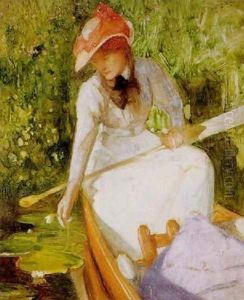 A quiet cove, girl canoeing by Arthur Hacker