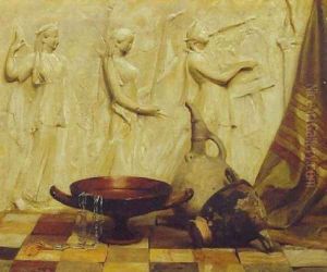 A skyphos, a kylix, a wine jug, and an Egyptian necklace before a Greek frieze, on marble tiles by Arthur Hacker