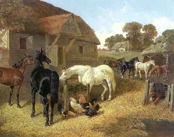 Farm Animals, Horses and Chickens in Farmyard - view 1
