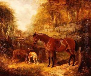 A saddled bay pony and greyhounds in a wooded river landscape by John Frederick Herring Snr