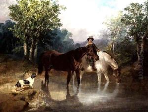 Two horses, a man and a dog by a stream by John Frederick Herring Snr