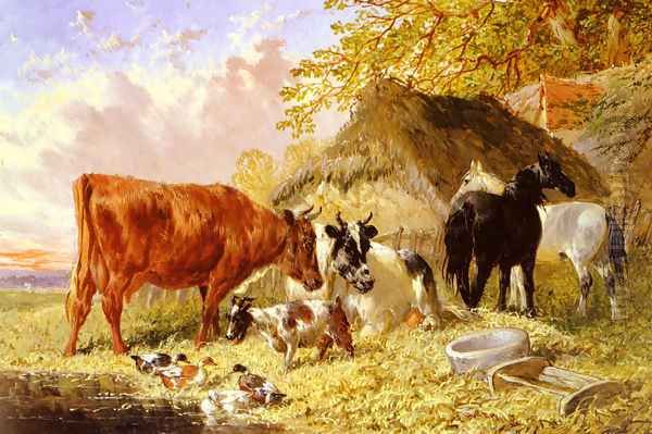 Horses, Cows, Ducks and a Goat by a Farmhouse - view 1
