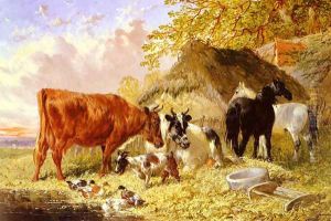 Horses, Cows, Ducks and a Goat by a Farmhouse by John Frederick Herring Snr