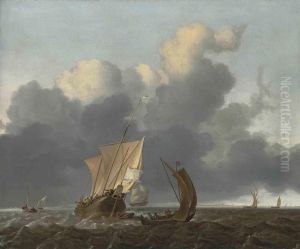 Sint Joan And Other Shipping In Choppy Waters, A Town Beyond by Ludolf Backhuysen
