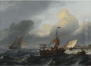 Small Dutch Vessels In Breezy Coastal Waters, A Harborbeyond by Ludolf Backhuysen