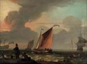 Shipping In Choppy Waters With Fisherfolk In The Foreground Shipping In Choppy Waters With Fisherfolk In The Foreground