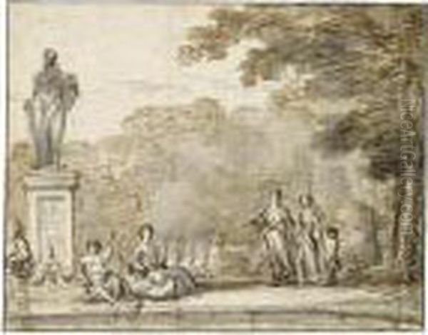 Figures In An Ornamental Park, By A Statue - view 1