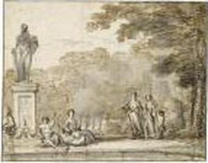 Figures In An Ornamental Park, By A Statue by Ludolf Backhuysen