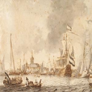 A Harbour View With A Man Of War And Several Smaller Ships