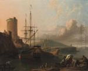 A Mediterranean Coastal Scene At
 Sunset With A Royal Yacht Beingcaulked, A Tower By A Fort Nearby, 
Sailors Unloading Cargo In Theforeground by Ludolf Backhuysen