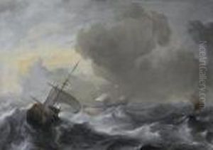 A Threemaster With The Amsterdam Coat-of-arms, With Other Vessels, In A Storm by Ludolf Backhuysen