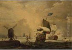 An English Man-of-war Firing A Salute Off The Coast by Ludolf Backhuysen