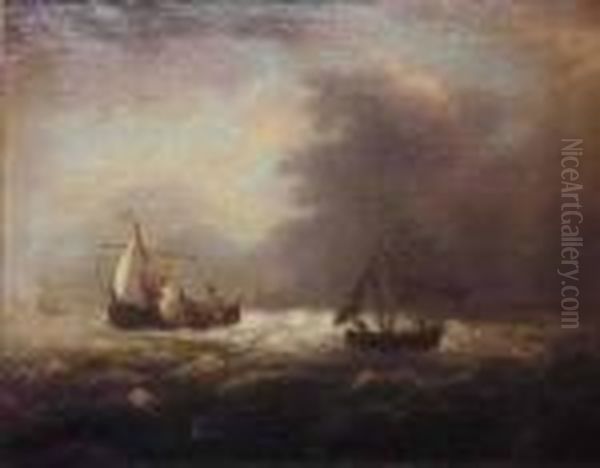 Follower Of Ludolph Backhuysen Shipping At Sea With A Stiff Breeze by Ludolf Backhuysen