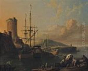 A Mediterranean Coastal Scene At
 Sunset With A Royal Yacht Being Caulked, A Tower By A Fort Nearby, 
Sailors Unloading Cargo In The Foreground by Ludolf Backhuysen