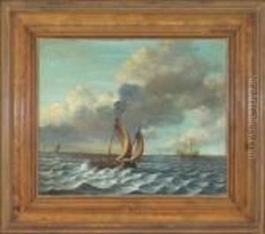 Vorn Ein Nach Rechts Segelndes 
Fischerboot Mit Drei Insassen, Rechts Im Mittelgrund Ein Nach Rechts 
Segelndes Kriegsschiff, Im Hintergrund Vier Weitere Schife
