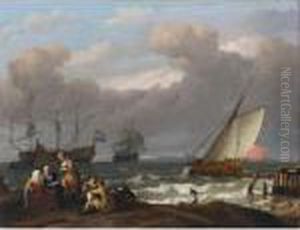 An English Royal Yacht Leaving 
Harbour In Choppy Seas With Two Dutch Men-o'war Beyond And A Fisherman's
 Family With Two Dogs On The Shore In The Foreground by Ludolf Backhuysen