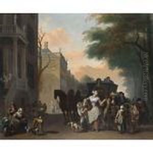 A View In Amsterdam With A Maid Flirting With A Knife Grinder On A Canal by Ludolf Backhuysen