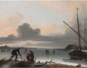 A Winter Landscape With Figures 
Skating And Playing Golf On A Frozen Lake, A Horse-drawn Sleigh, A Man 
Pushing A Sleigh With Two Other Figures In The Foreground, And A Barge 
To The Right by Ludolf Backhuysen