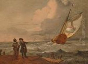 An Elegant Couple Standing On A Promontory With A Yacht In Choppy Seas Behind. An Elegant Couple Standing On A Promontory With A Yacht In Choppy Seas Behind.